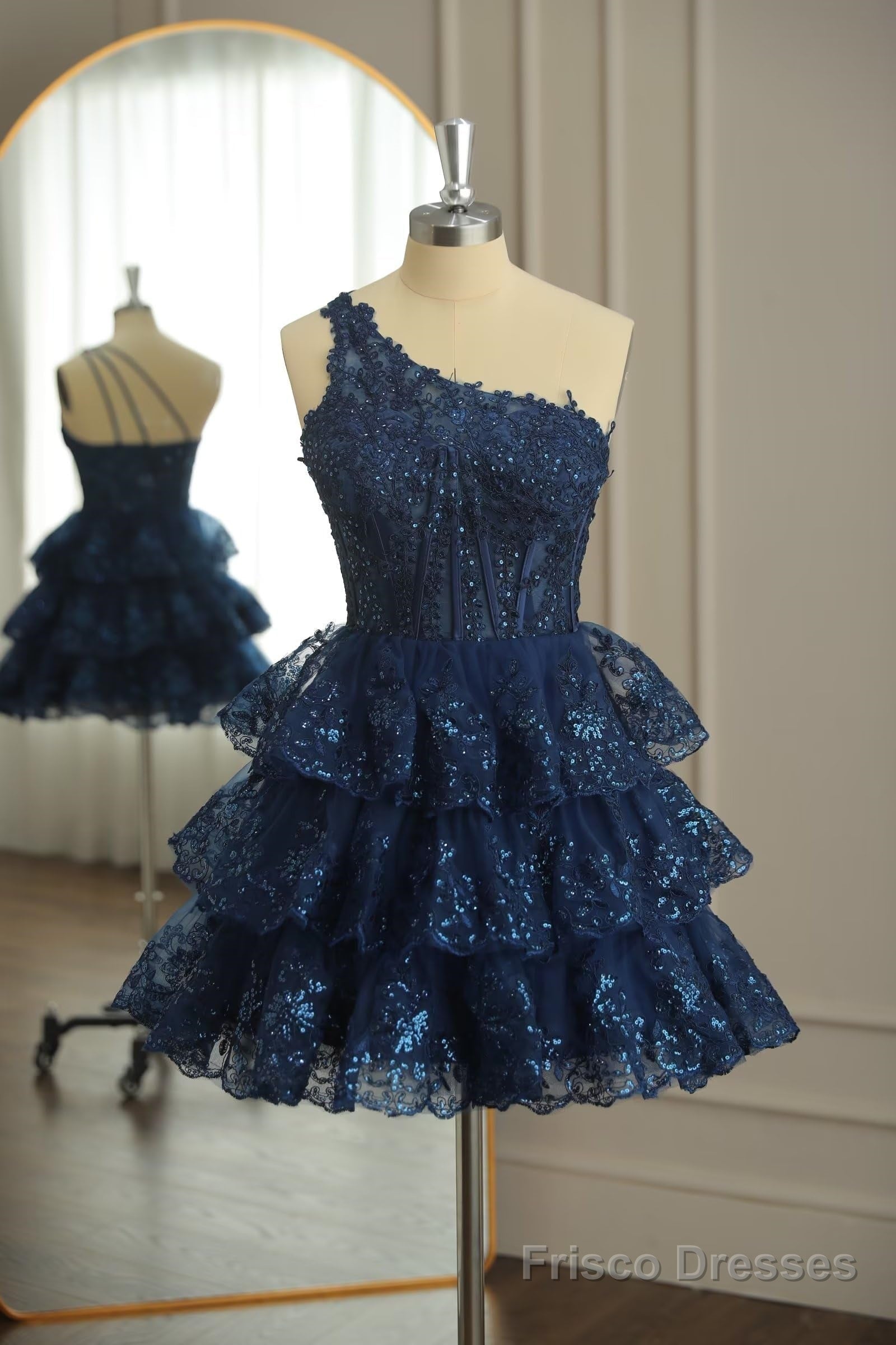 Dark Navy One Shoulder Appliques Multi-Layers Tulle Homecoming Dress Main image