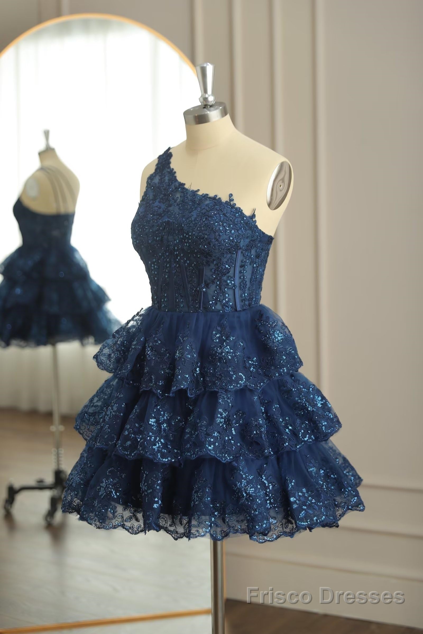Dark Navy One Shoulder Appliques Multi-Layers Tulle Homecoming Dress Secondary image