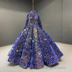 Glitter High Neck Open Back Lace Up Ball Gown Formal Prom Dress