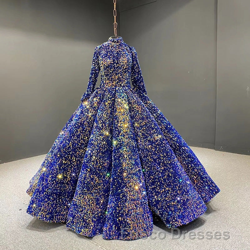 Glitter High Neck Open Back Lace Up Ball Gown Formal Prom Dress