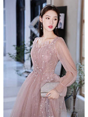 Pink Prom Gowns Long Sleeves For Graudation Party Shiny Star Glitter A-Line Floor-Length Tulle Women Formal Evening Dresses
