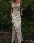 Sexy Mermaid Cowl Neck Spaghetti Straps White Silk Prom Dresses