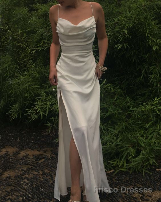 Sexy Mermaid Cowl Neck Spaghetti Straps White Silk Prom Dresses