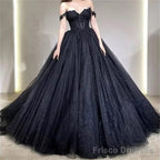 Black Prom Dresses Ball Gown Tulle Elegant Sleeveless Heart Shaped Neck Shiny Sequins