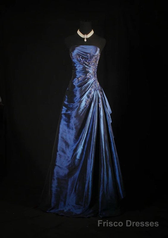 Vintage Ball Gown Strapless Navy Blue Satin Long Prom Dresses Party Dress