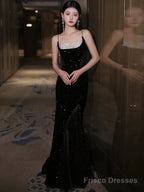 Black Sexy Mermaid Spaghetti Straps Sequin Long Prom Dresses