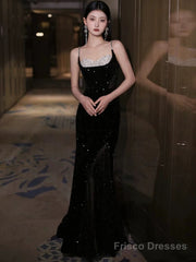 Black Sexy Mermaid Spaghetti Straps Sequin Long Prom Dresses