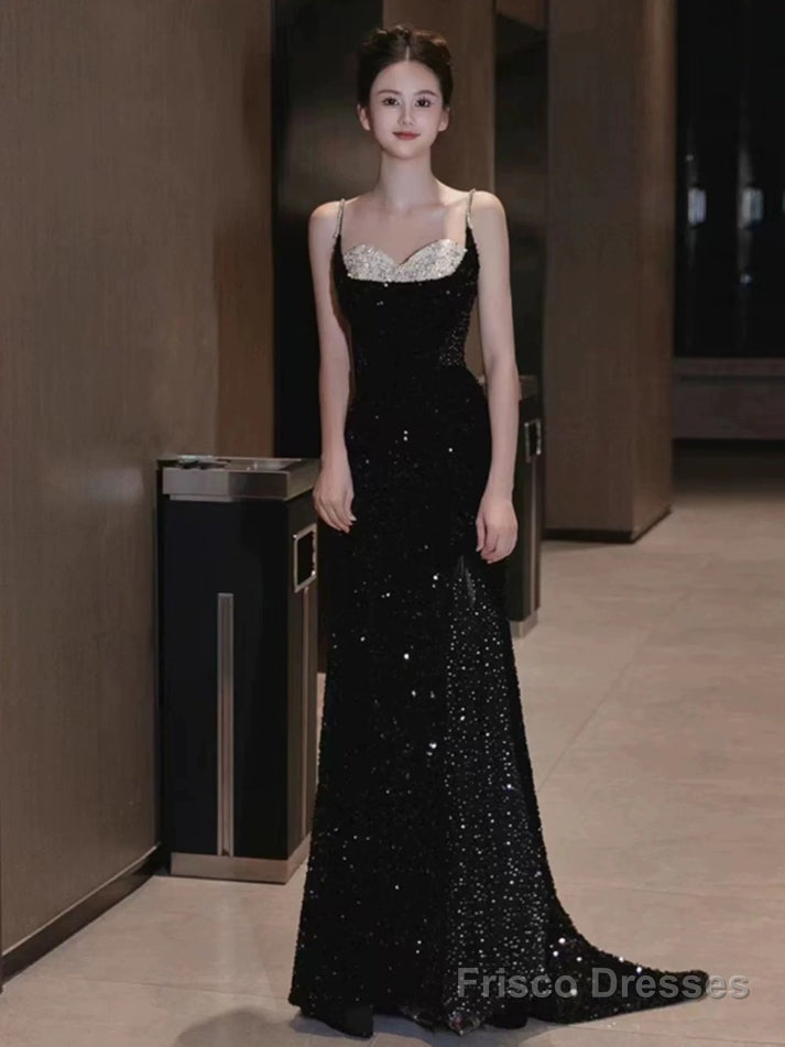 Black Sexy Mermaid Spaghetti Straps Sequin Long Prom Dresses Secondary image