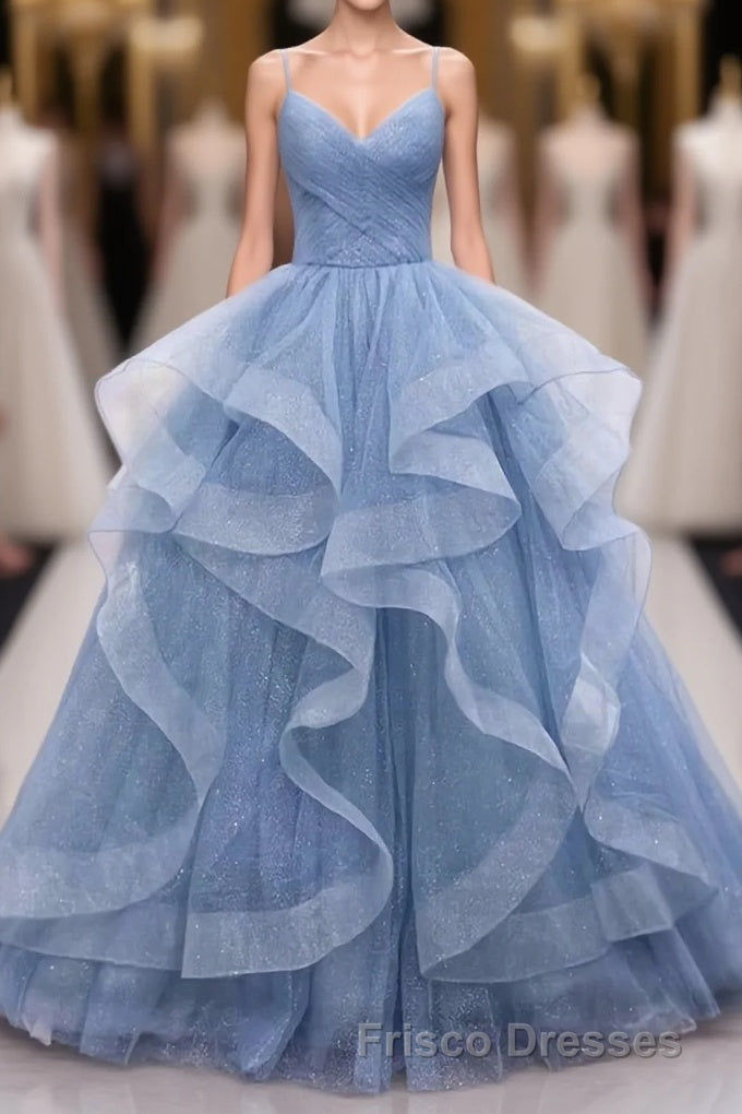 Shiny Blue Tulle A-Line Spaghetti Straps Long Formal Prom Dress