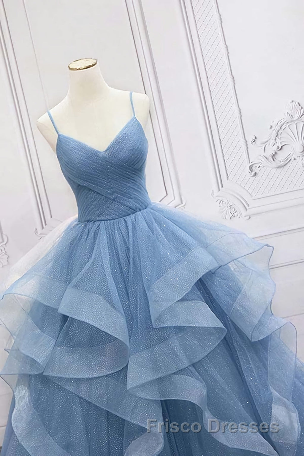 Shiny Blue Tulle A-Line Spaghetti Straps Long Formal Prom Dress