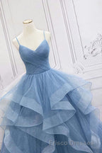 Shiny Blue Tulle A-Line Spaghetti Straps Long Formal Prom Dress