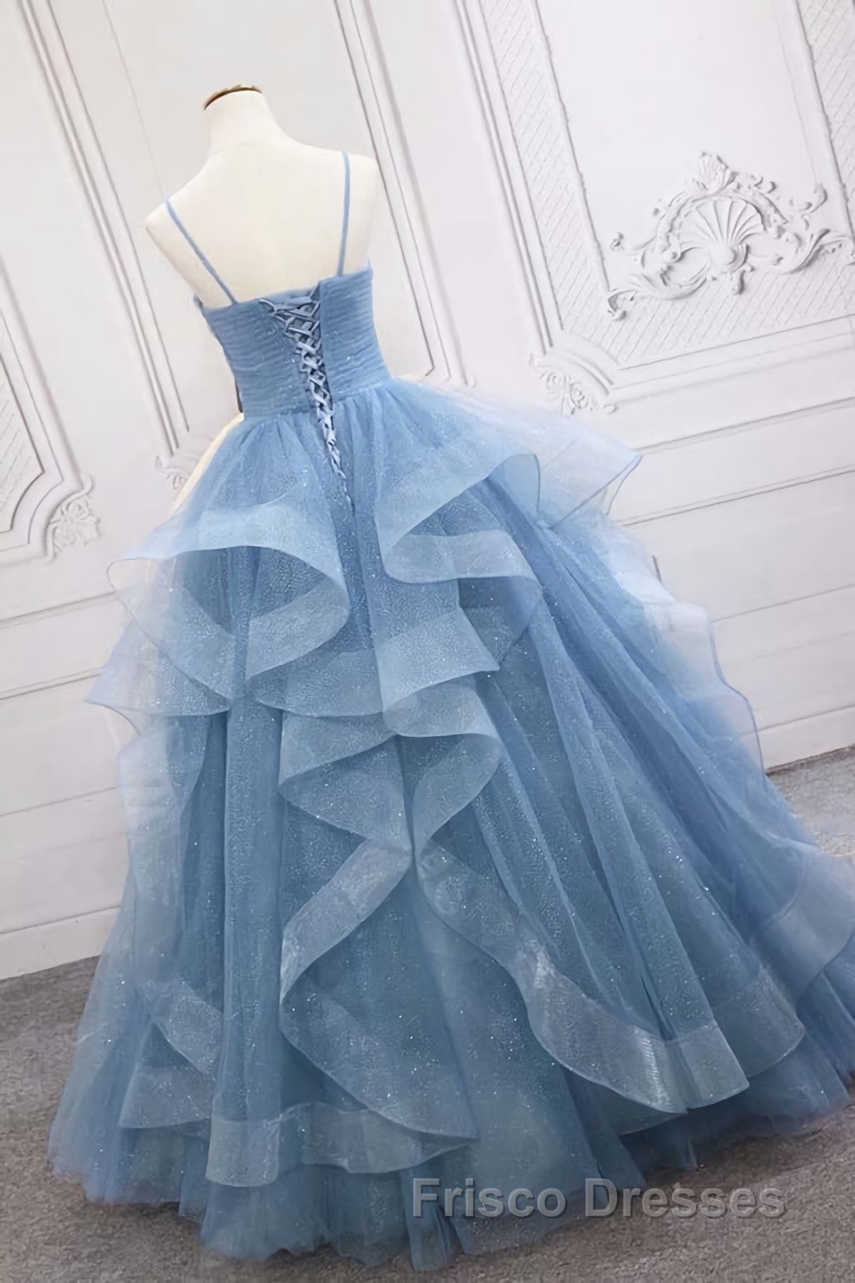 Shiny Blue Tulle A-Line Spaghetti Straps Long Formal Prom Dress