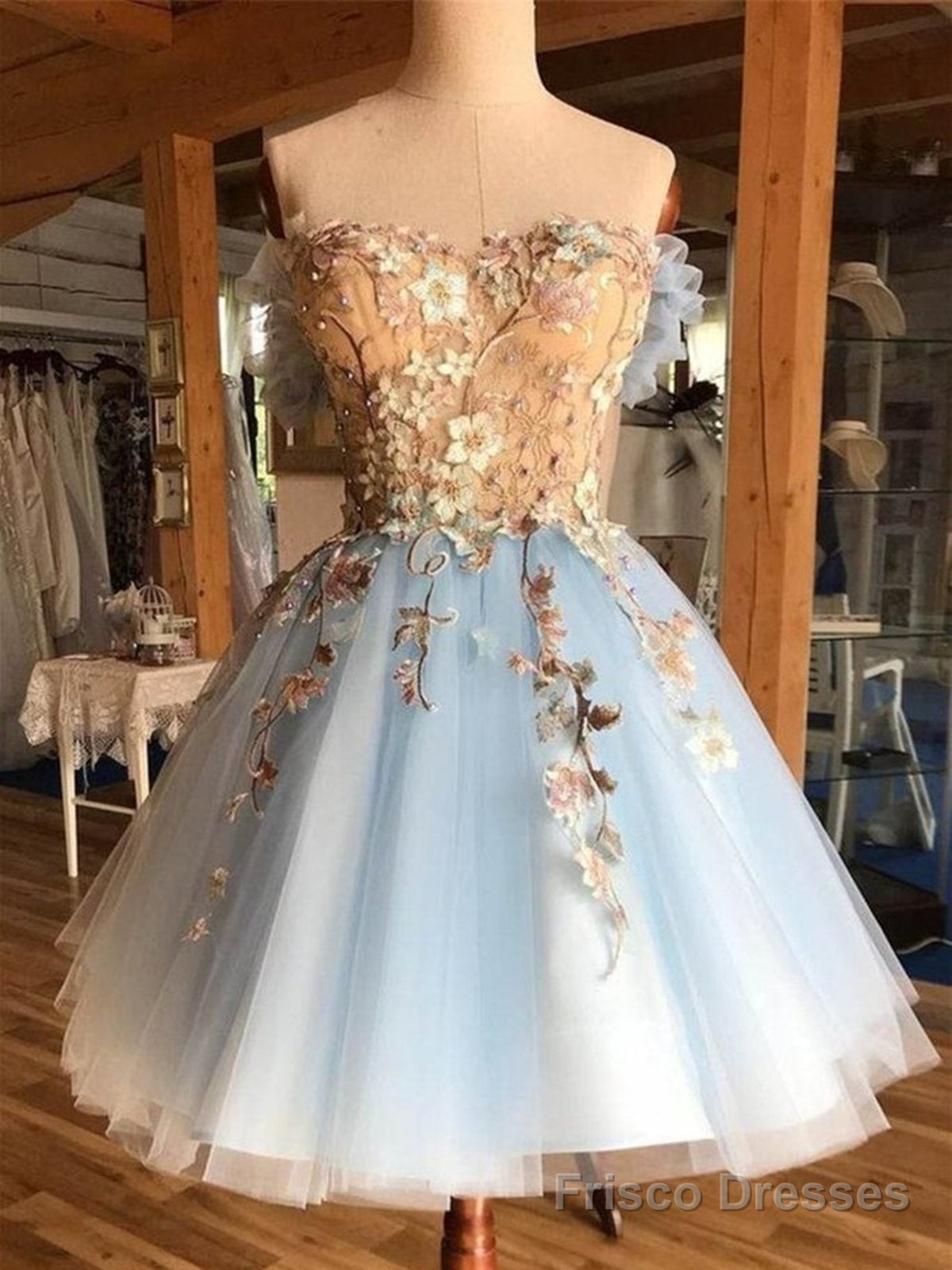 Short Blue Lace Floral Short Blue Lace Floral Homecoming Dresses Main image