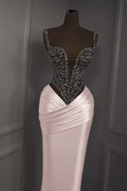 Silver Beads Deep V-Neck Pleats Mermaid Sparkle Prom Dresses