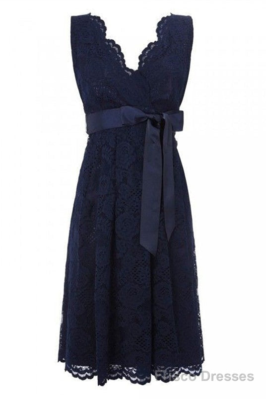 Simple V Neck Short Lace Navy Blue Bridesmaid Dress with Sash Main image