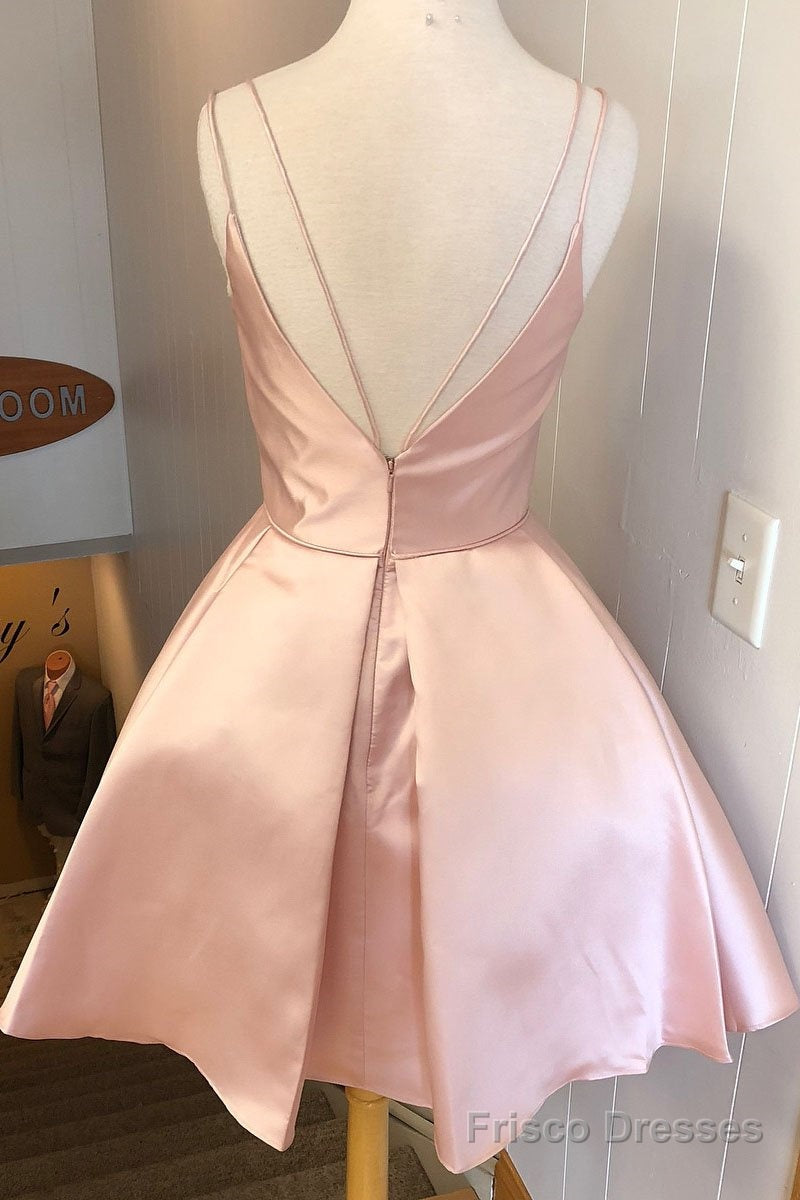 Simple V Neck Straps Short Pink Homecoming Dress, Backless Satin Sweet 16 Dresses Secondary image