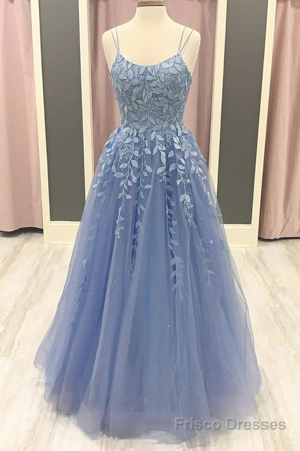 Spaghetti Straps Blue Lace Long Blue Lace Prom Dresses