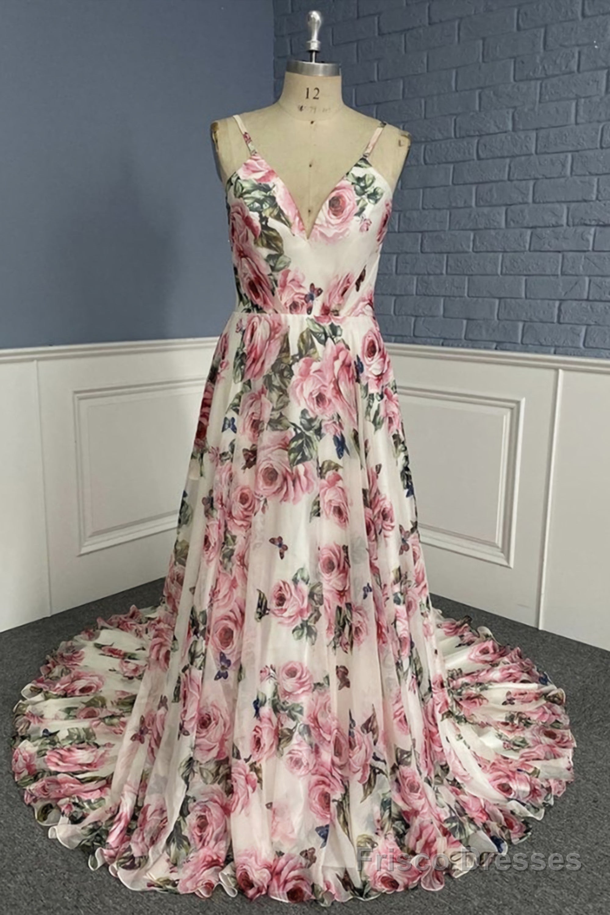 Stylish V Neck Backless Floral Pattern Long Prom Dress, V Neck Floral Pattern Formal Evening Dress Main image
