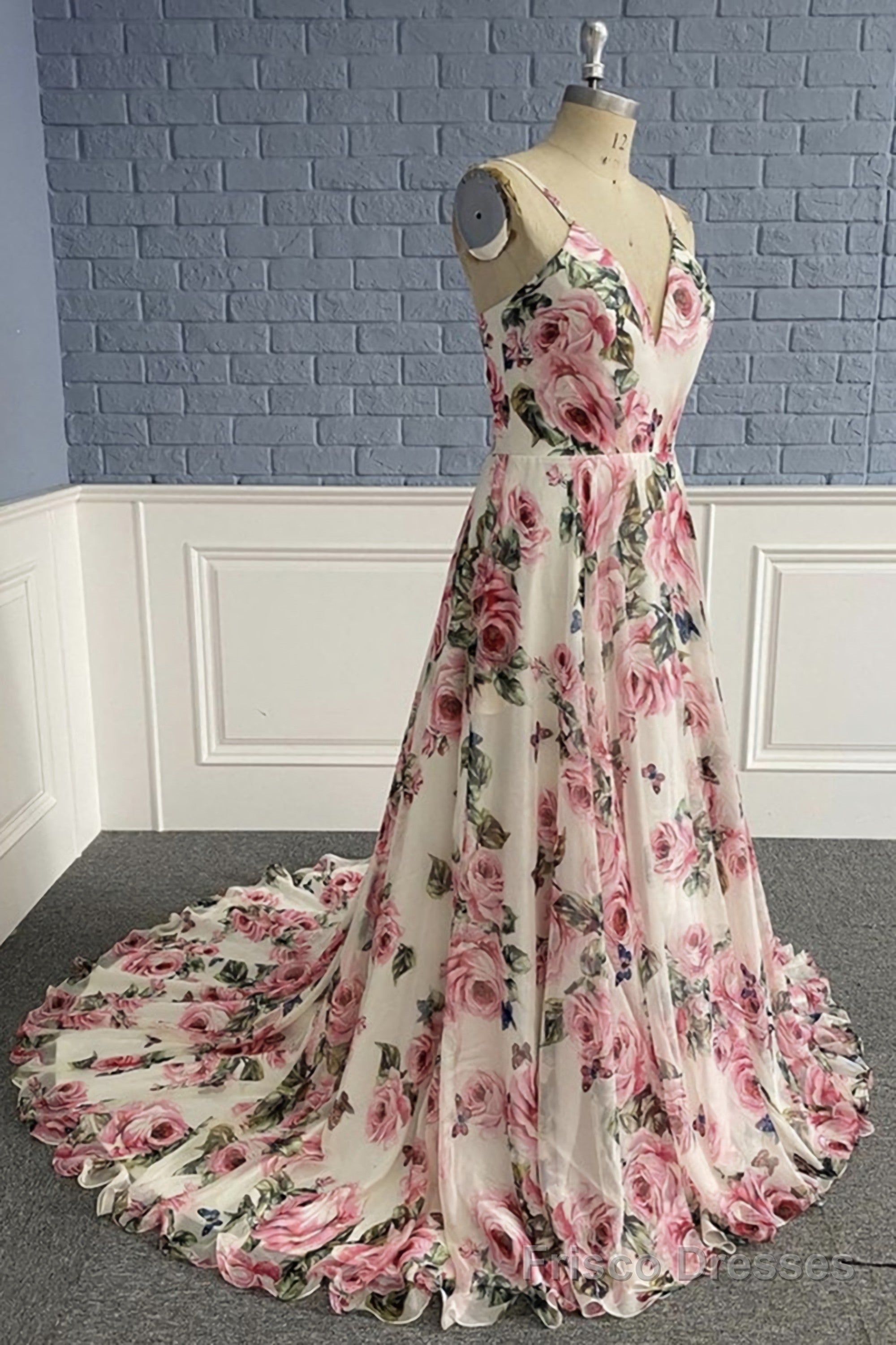 Stylish V Neck Backless Floral Pattern Long Prom Dress, V Neck Floral Pattern Formal Evening Dress Secondary image