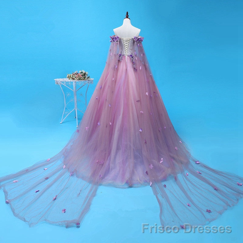 Light Purple Tulle Long Sweet 16 Gown, Flowers Quinceanera Dress