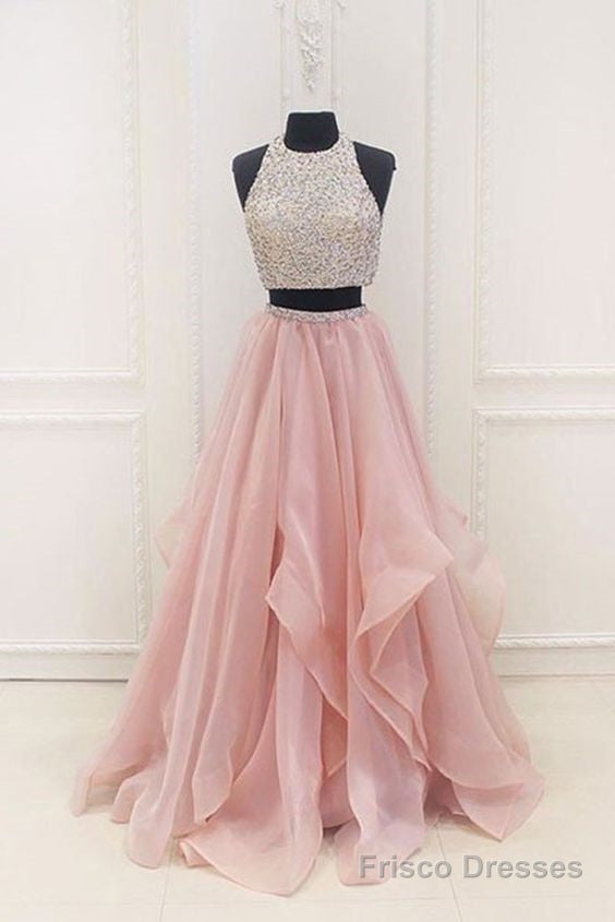 Dazzling Halter Organza Pink Two Piece Long Prom Dress Graduation Sweet 16 Dress Main image