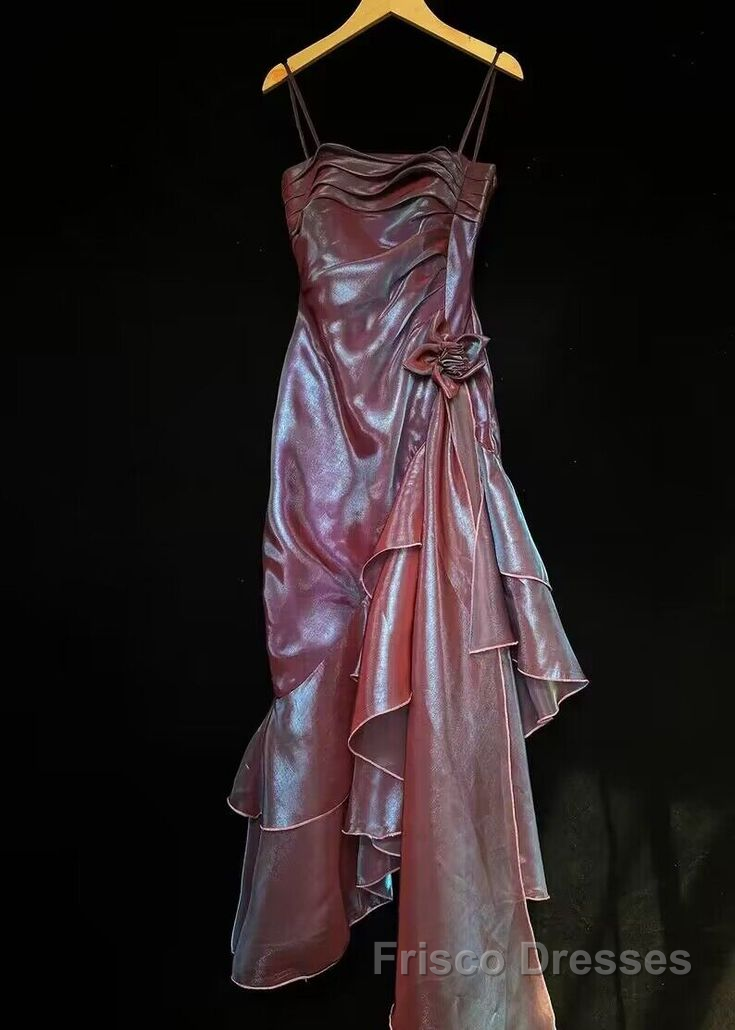 Spaghetti Straps Purple Mermaid Vintage Ruffled Formal Prom Dresses