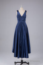 A Line Formal Prom Satin V Neck High-Low Formal Prom Dress