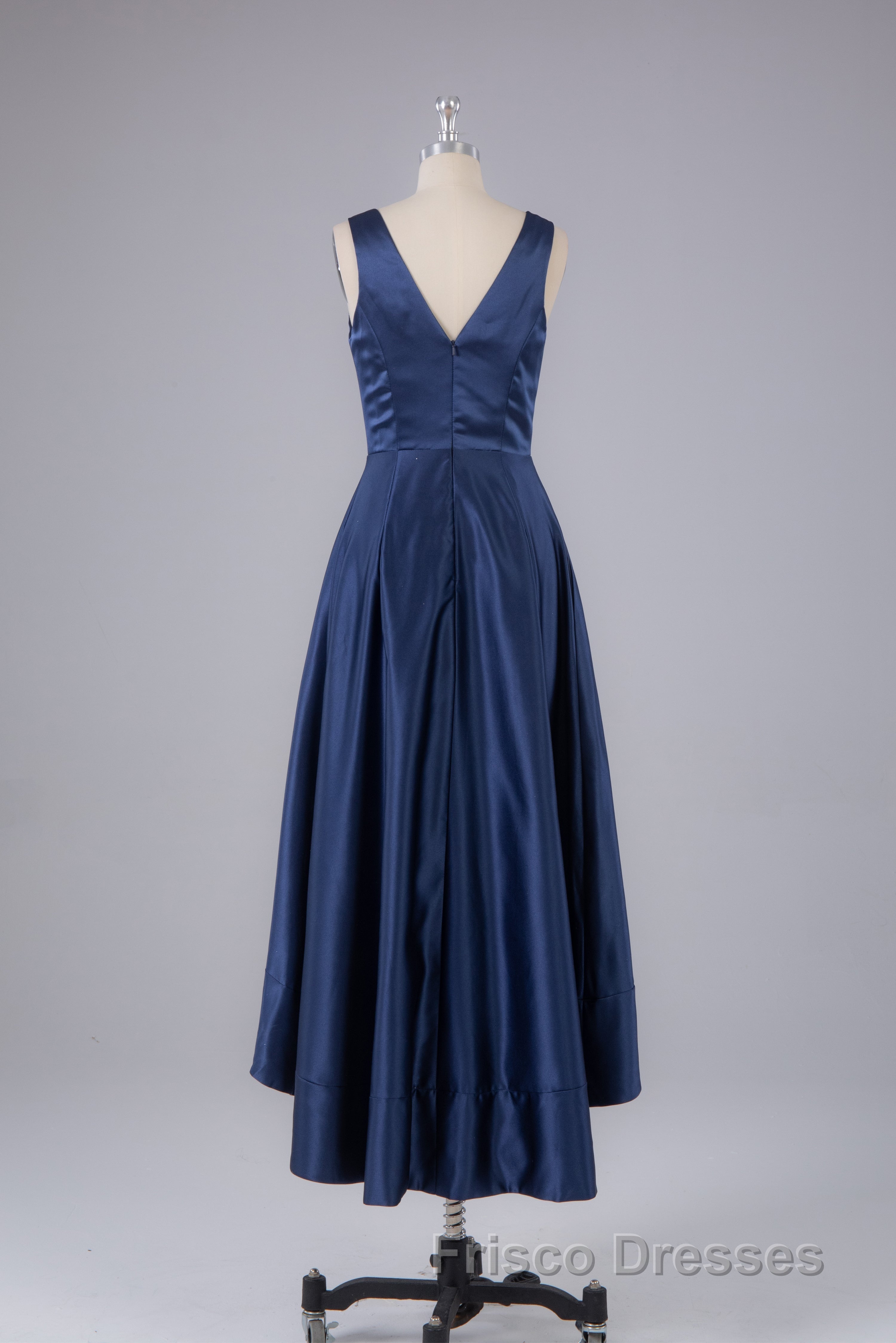 A Line Formal Prom Satin V Neck High-Low Formal Prom Dress