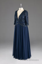 Navy V-Neck Long Sleeves Lace Appliques Chiffon Formal Prom Dress