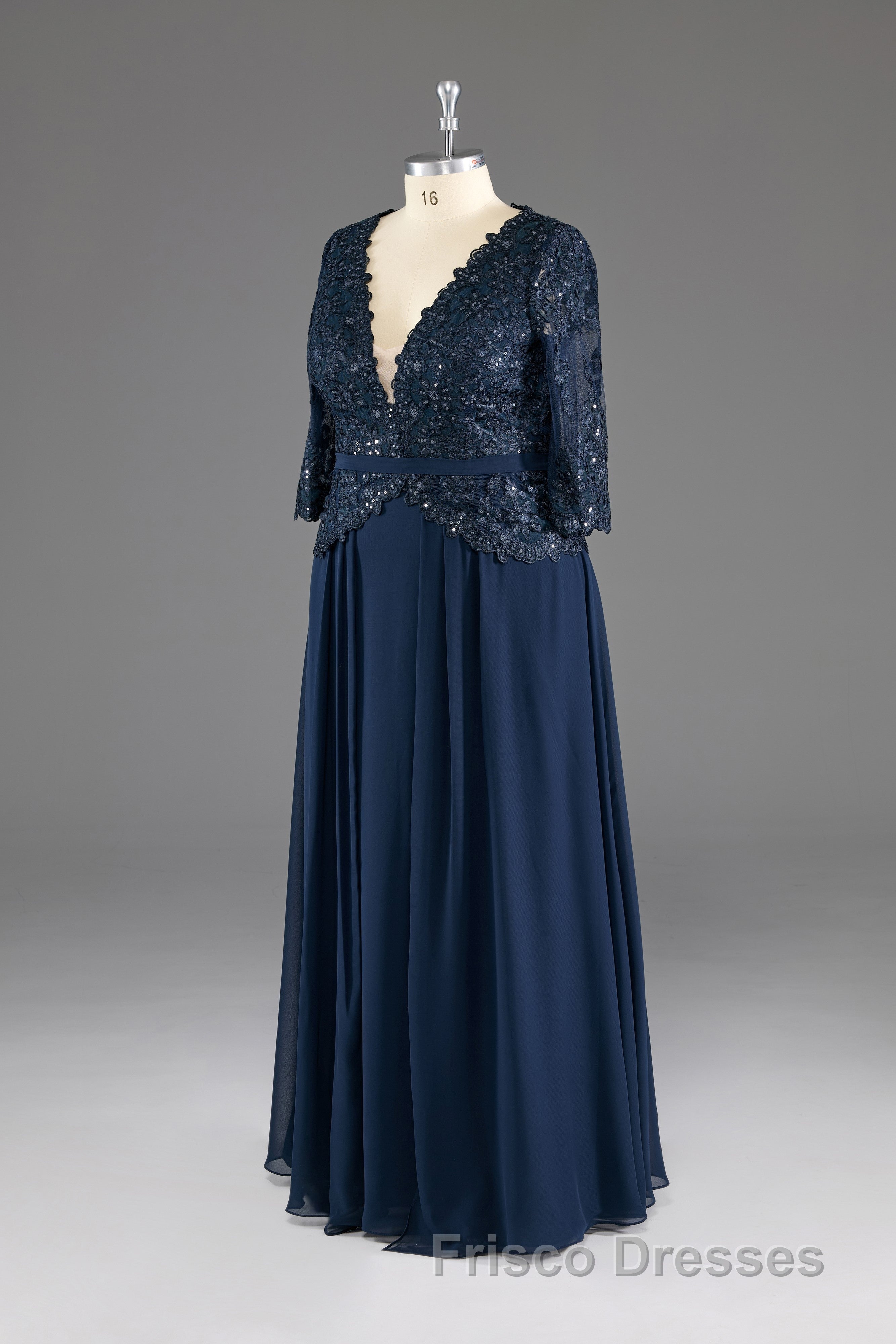 Navy V-Neck Long Sleeves Lace Appliques Chiffon Formal Prom Dress