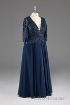 Navy V-Neck Long Sleeves Lace Appliques Chiffon Formal Prom Dress