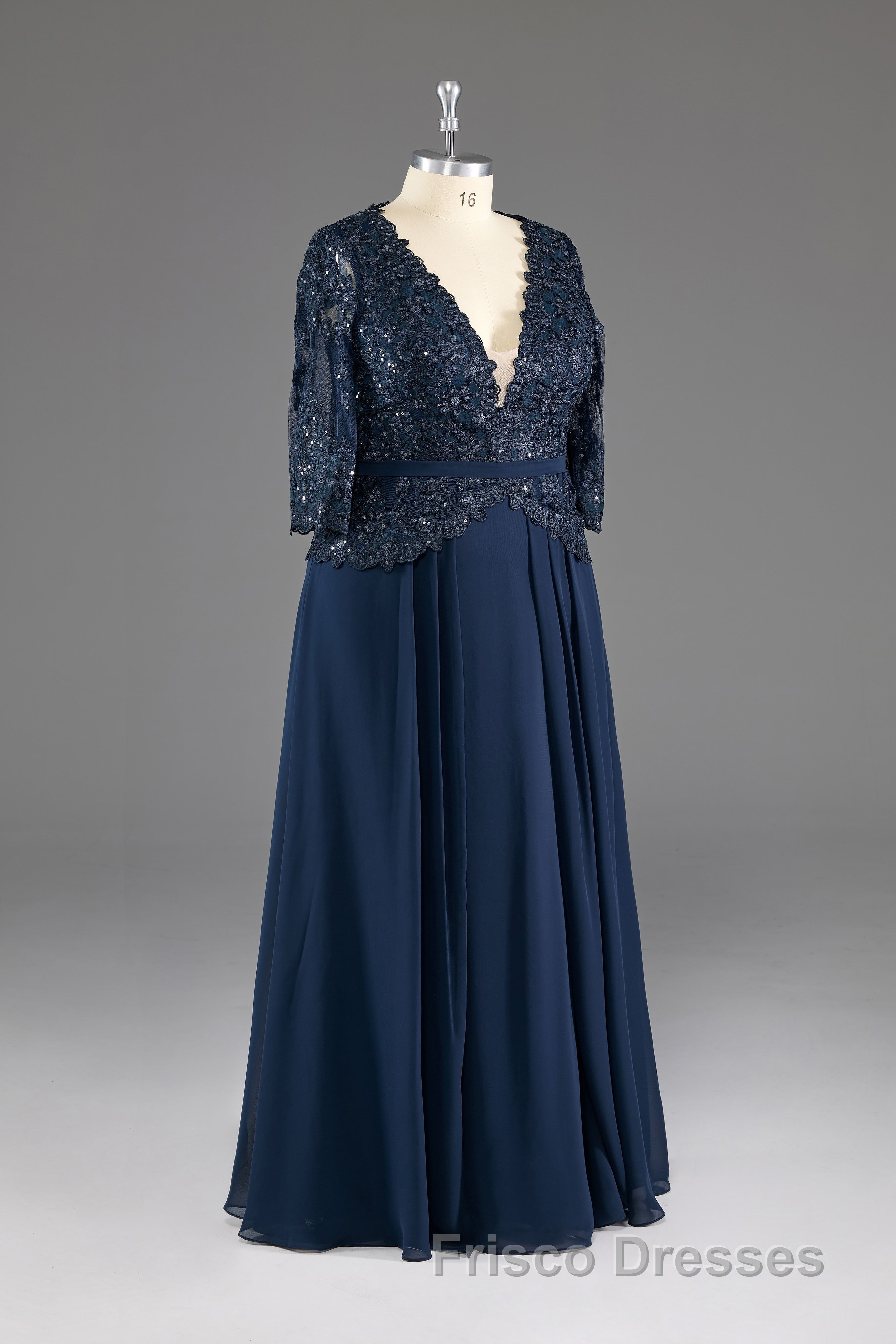 Navy V-Neck Long Sleeves Lace Appliques Chiffon Formal Prom Dress