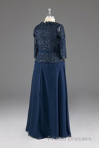 Navy V-Neck Long Sleeves Lace Appliques Chiffon Formal Prom Dress