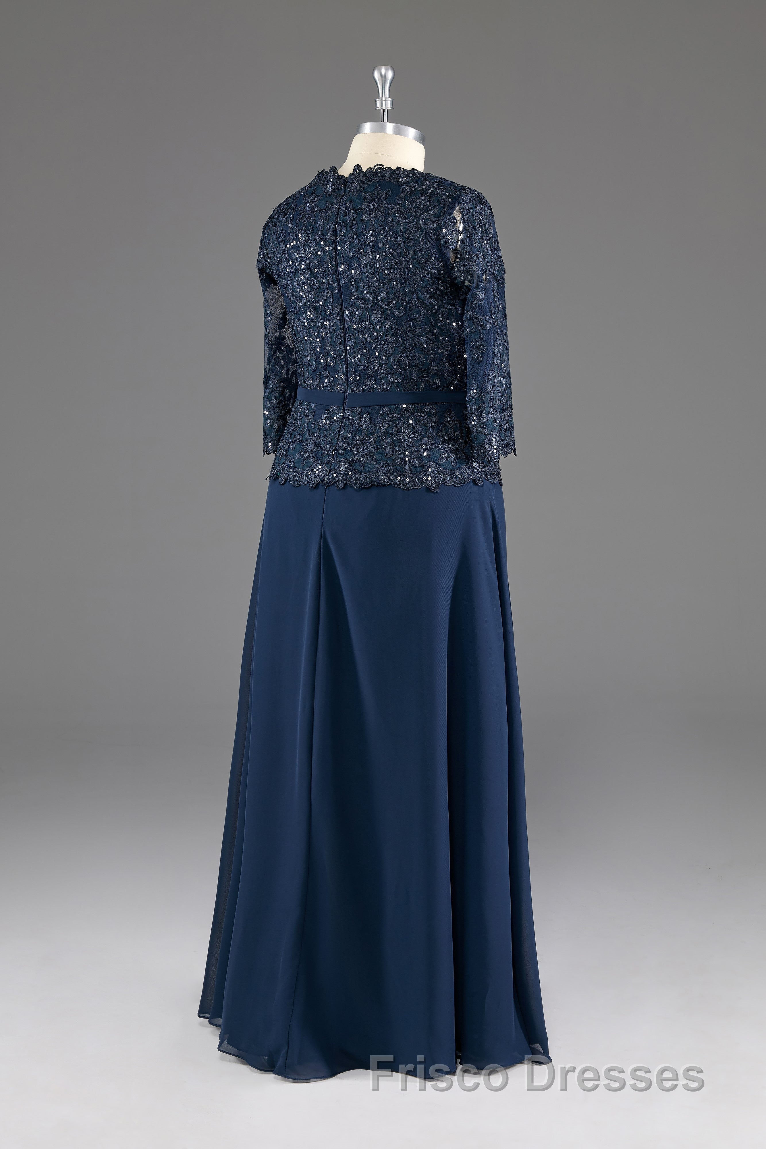 Navy V-Neck Long Sleeves Lace Appliques Chiffon Formal Prom Dress