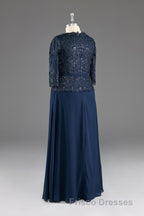 Navy V-Neck Long Sleeves Lace Appliques Chiffon Formal Prom Dress