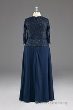 Navy V-Neck Long Sleeves Lace Appliques Chiffon Formal Prom Dress
