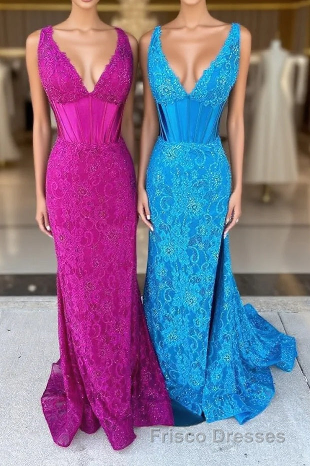 Glitter Navy Mermaid Sweep Train Formal Prom Dress With Slit
