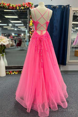 V Neck Hot Pink Backless Lace Prom Dresses, Open Back Hot Pink Lace Formal Evening Dresses