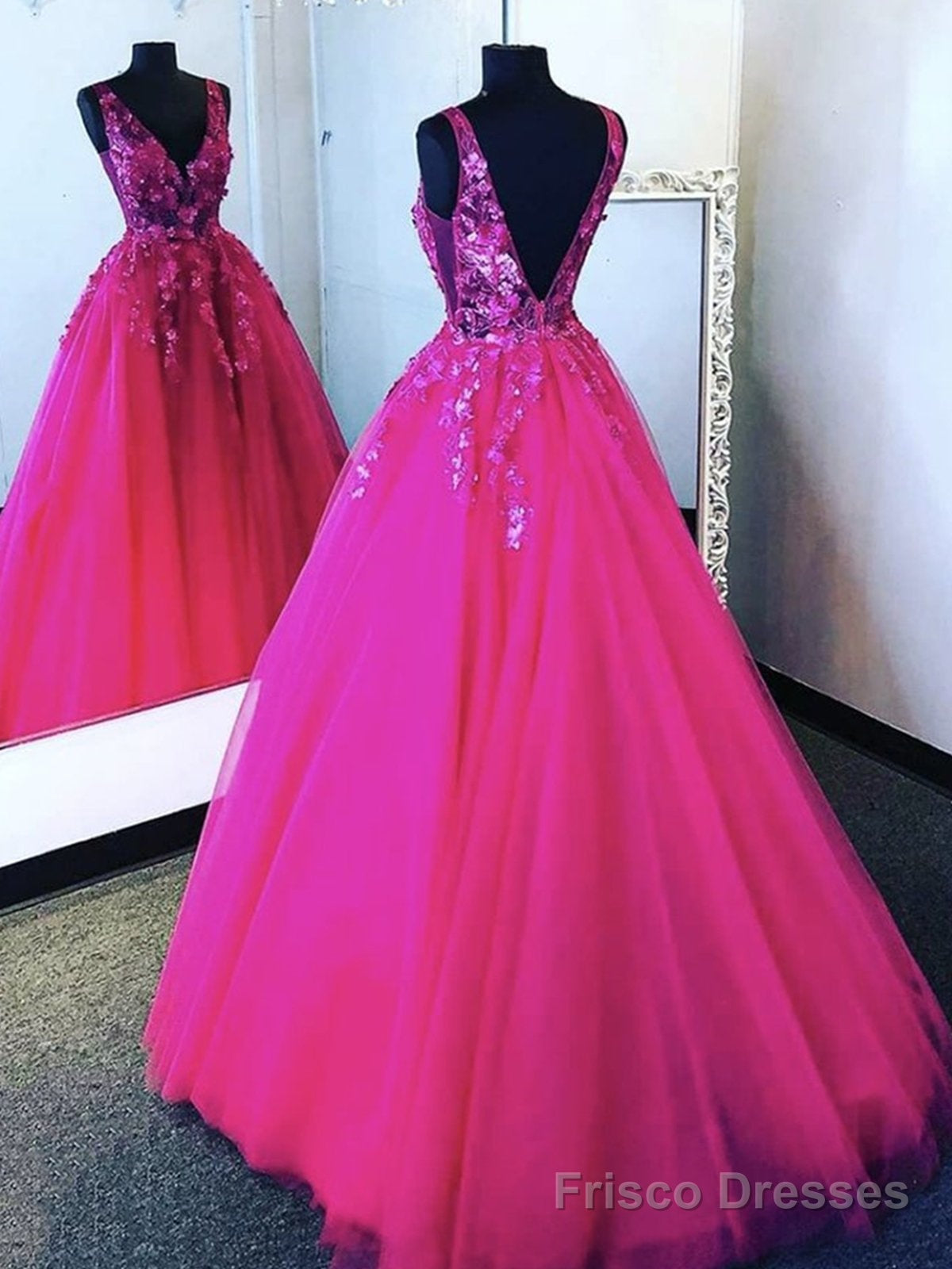 V Neck Hot Pink Tulle Lace Backless Hot Pink Floral Prom Dresses Main image