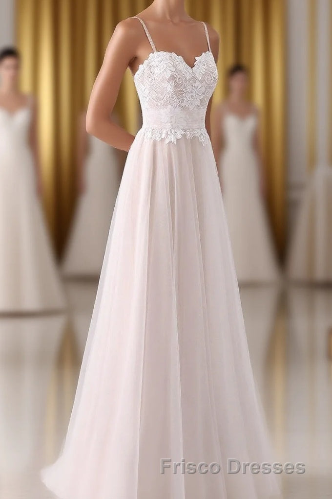 Girly Spaghetti Straps Long A-line Floor Length Wedding Dress