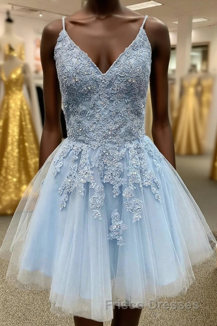 Blue Spaghetti Straps Homecoming Dress With Appliques Main image