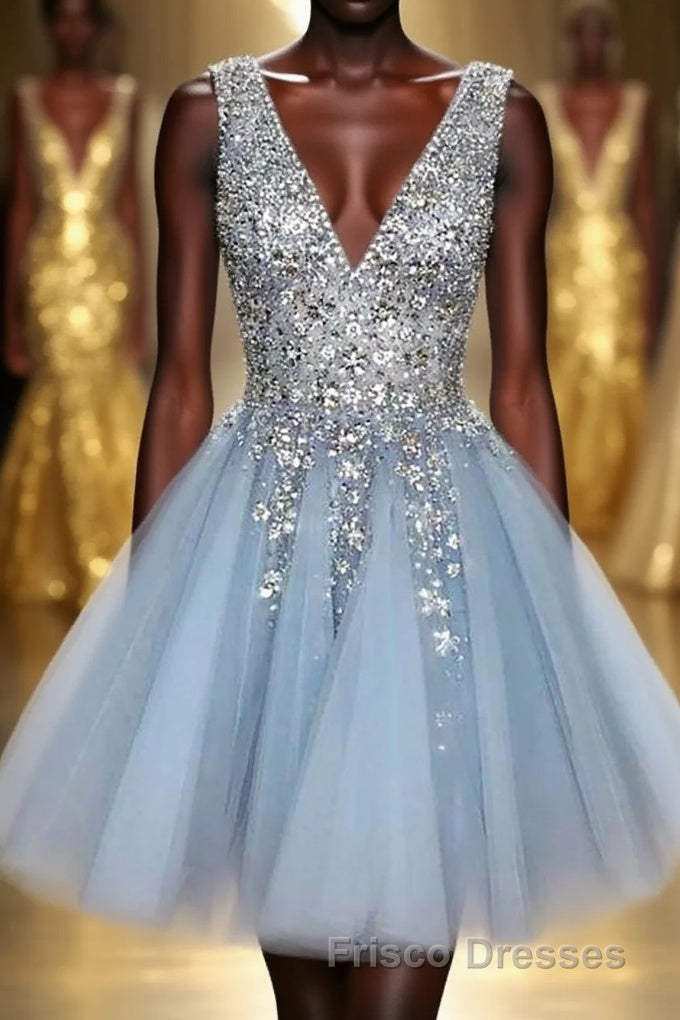 Blue V Neck Homecoming Dress With Beadings Main image