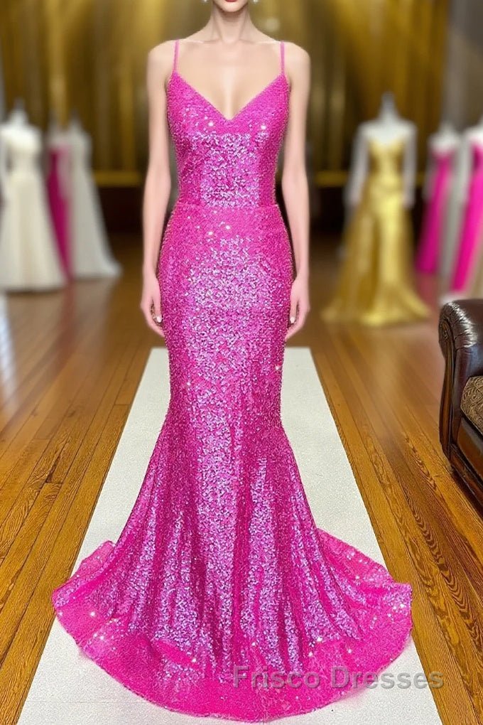 Fuchsia Mermaid Backless Sequined Formal Prom Dress Main image
