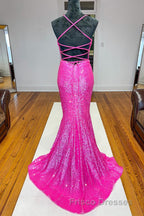 Fuchsia Mermaid Backless Sequined Formal Prom Dress