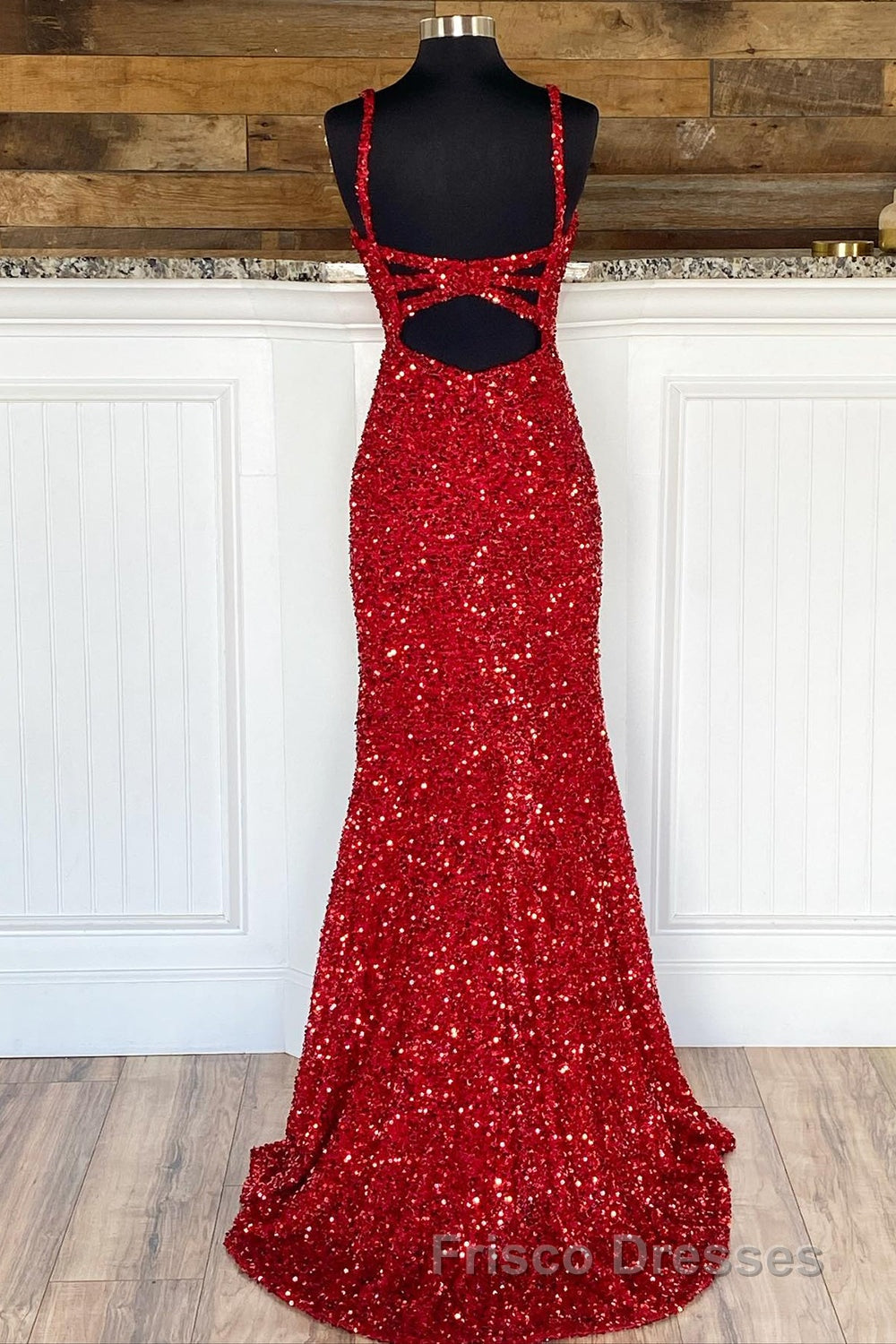 Sheath Spaghetti Straps Red Sequins Formal Prom Dress with Split Front