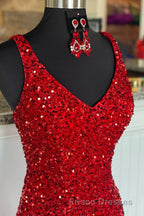 Sheath Spaghetti Straps Red Sequins Formal Prom Dress with Split Front