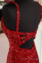 Sheath Spaghetti Straps Red Sequins Formal Prom Dress with Split Front