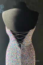 Silver Strapless Lace-Up Sequins Long Formal Prom Dress with Slit