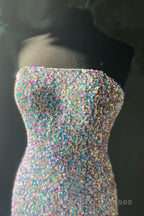 Silver Strapless Lace-Up Sequins Long Formal Prom Dress with Slit