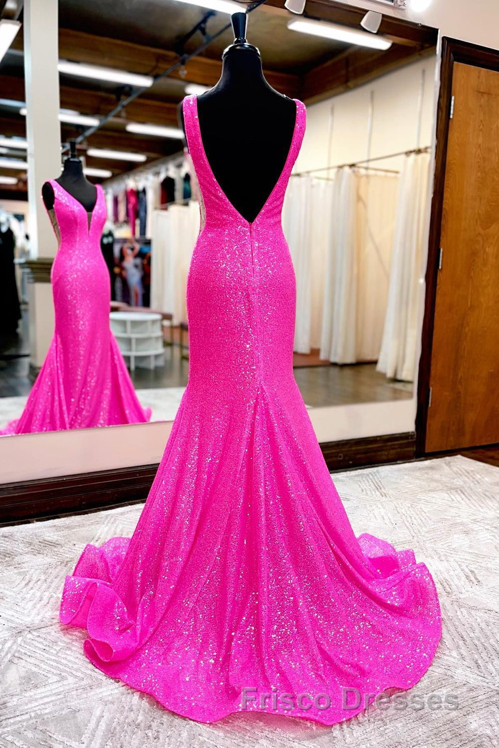 Hot Pink Mermaid Formal Prom Dress With Wateau Train